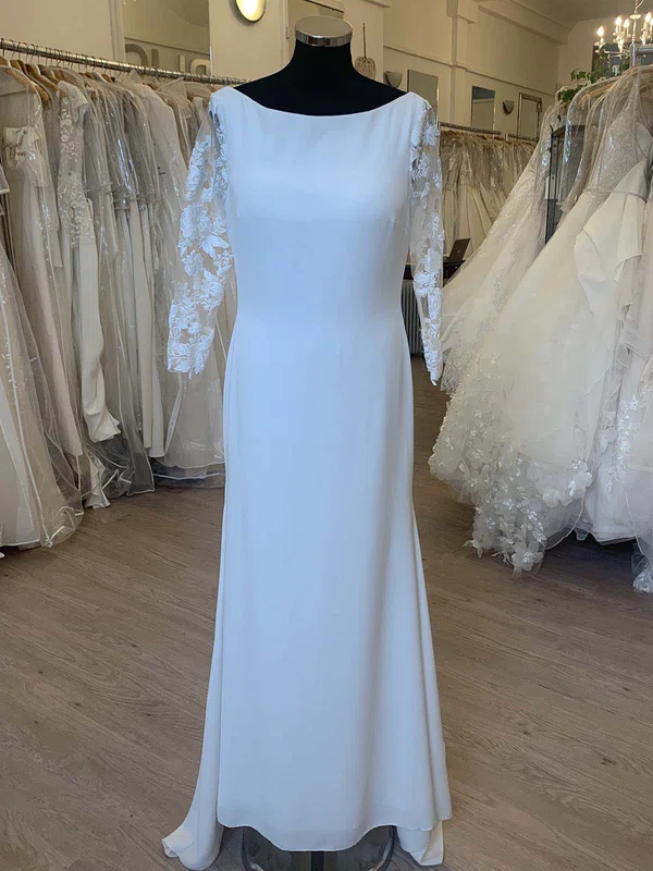 Sheath/Column Scoop Neck Chiffon Floor-length Wedding Dress With Lace #UKM00028294
