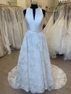 Ball Gown/Princess V-neck Tulle Sweep Train Wedding Dress With Flower(s) #UKM00028295