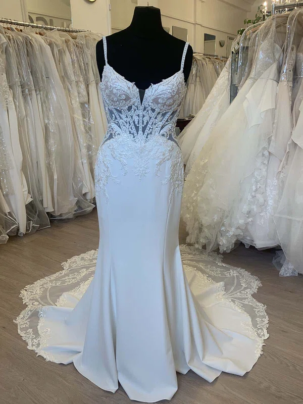 Trumpet/Mermaid V-neck Stretch Crepe Chapel Train Wedding Dress With Appliques Lace #UKM00028296