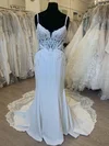 Trumpet/Mermaid V-neck Stretch Crepe Chapel Train Wedding Dress With Appliques Lace #UKM00028296