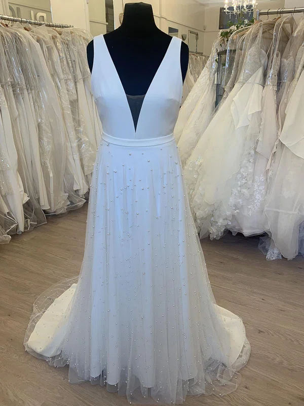 A-line V-neck Jersey Tulle Court Train Wedding Dress With Pearl Detailing #UKM00028297