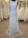 Sheath/Column Scoop Neck Satin Chiffon Floor-length Wedding Dress With Appliques Lace #UKM00028299
