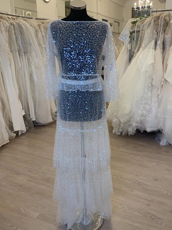 A-line Scoop Neck Glitter Floor-length Wedding Dress With Tiered #UKM00028300