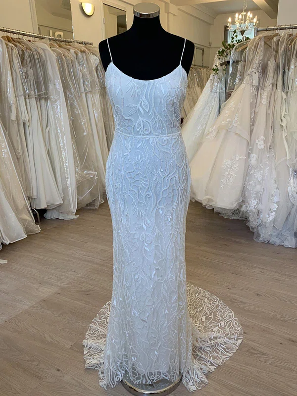 Sheath/Column Scoop Neck Glitter Lace Sweep Train Wedding Dress With Sequins #UKM00028303