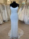 Sheath/Column Scoop Neck Glitter Lace Sweep Train Wedding Dress With Sequins #UKM00028303