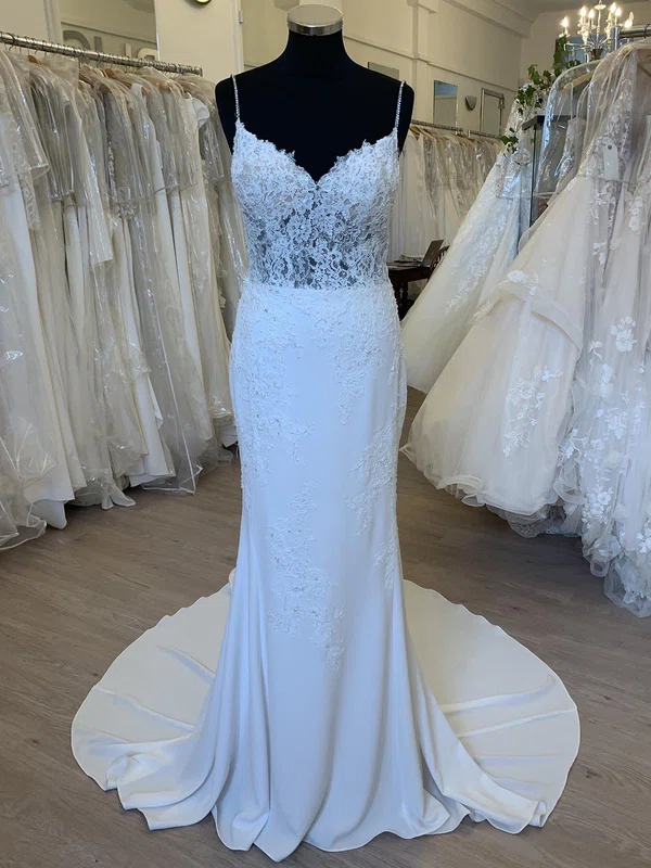 Sheath/Column V-neck Stretch Crepe Court Train Wedding Dress With Beading #UKM00028305