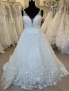 Ball Gown/Princess V-neck Tulle Sweep Train Wedding Dress With Flower(s) #UKM00028306