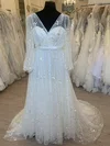 A-line V-neck Tulle Court Train Wedding Dress With Flower(s) #UKM00028311