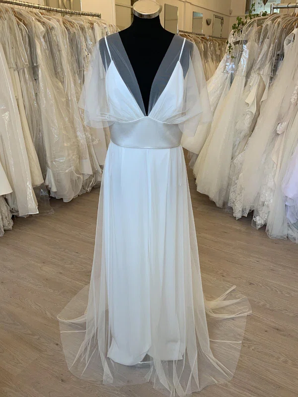 A-line V-neck Tulle Court Train Wedding Dress With Ruched #UKM00028312