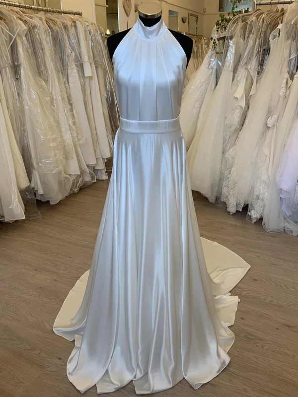 A-line Halter Satin Sweep Train Wedding Dress With Ruched #UKM00028313
