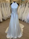 A-line Halter Satin Sweep Train Wedding Dress With Ruched #UKM00028313