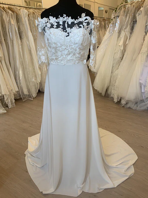 A-line Off-the-shoulder Satin Chiffon Sweep Train Wedding Dress With Appliques Lace #UKM00028314