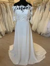 A-line Off-the-shoulder Satin Chiffon Sweep Train Wedding Dress With Appliques Lace #UKM00028314