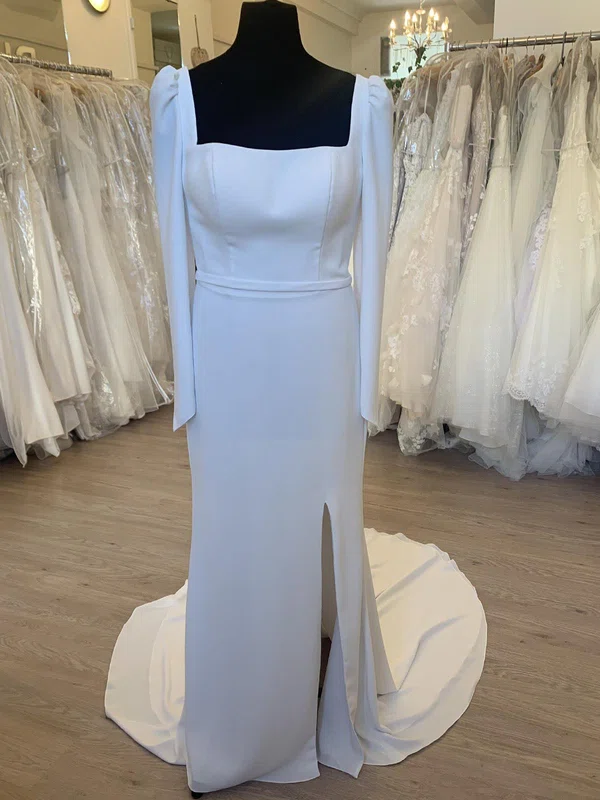 Sheath/Column Square Neckline Stretch Crepe Court Train Wedding Dress With Split Front #UKM00028316