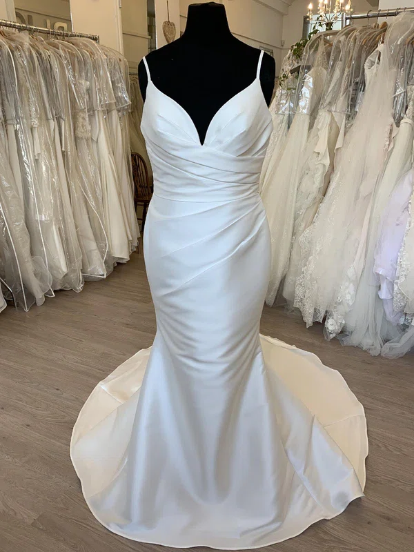 Sheath/Column V-neck Satin Sweep Train Wedding Dress With Ruched #UKM00028318
