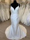 Sheath/Column V-neck Satin Sweep Train Wedding Dress With Ruched #UKM00028318