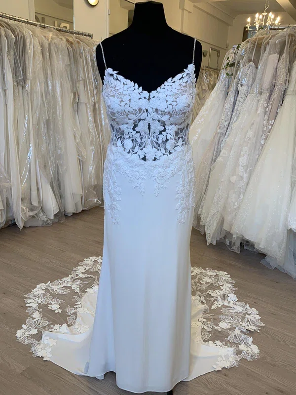 Sheath/Column V-neck Satin Chiffon Court Train Wedding Dress With Appliques Lace #UKM00028320