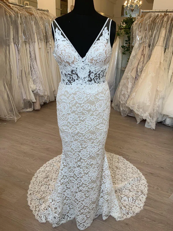 Trumpet/Mermaid V-neck Lace Sweep Train Wedding Dress #UKM00028321