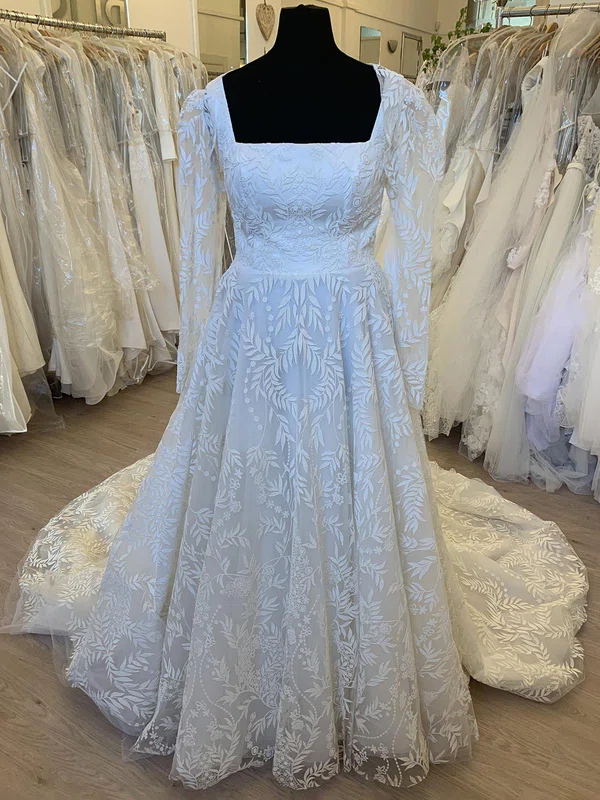 Ball Gown/Princess Square Neckline Lace Court Train Wedding Dress With Ruched #UKM00028322