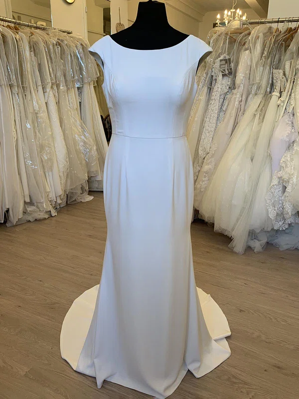 Sheath/Column Scoop Neck Stretch Crepe Sweep Train Wedding Dress With Appliques Lace #UKM00028323