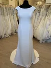 Sheath/Column Scoop Neck Stretch Crepe Sweep Train Wedding Dress With Appliques Lace #UKM00028323