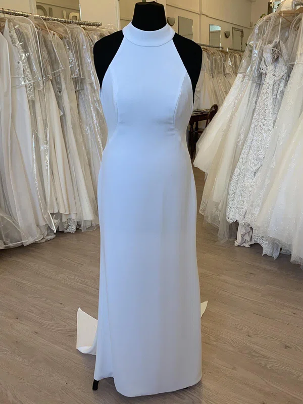 Sheath/Column High Neck Chiffon Sweep Train Wedding Dress #UKM00028324