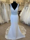Trumpet/Mermaid V-neck Stretch Crepe Court Train Wedding Dress With Appliques Lace #UKM00028326