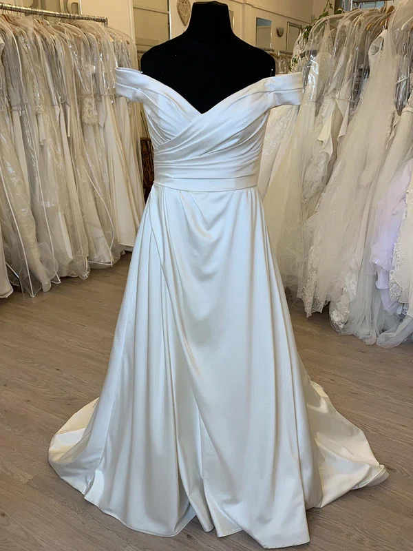 Ball Gown/Princess Off-the-shoulder Satin Sweep Train Wedding Dress With Ruched #UKM00028328