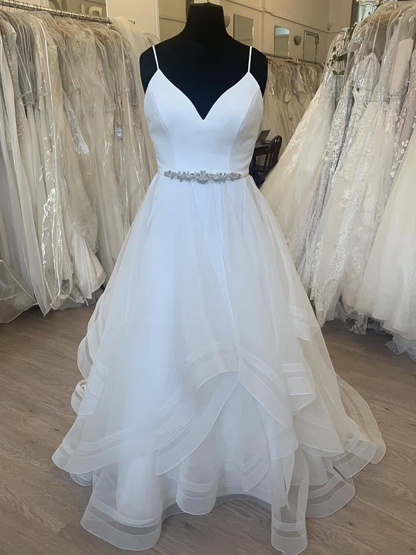 A-line V-neck Organza Sweep Train Wedding Dress With Ruffles #UKM00028329