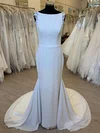 Sheath/Column Scoop Neck Satin Chiffon Court Train Wedding Dress With Appliques Lace #UKM00028330