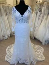Sheath/Column V-neck Tulle Court Train Wedding Dress With Flower(s) #UKM00028332