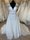 A-line V-neck Tulle Court Train Wedding Dress With Beading #UKM00028333
