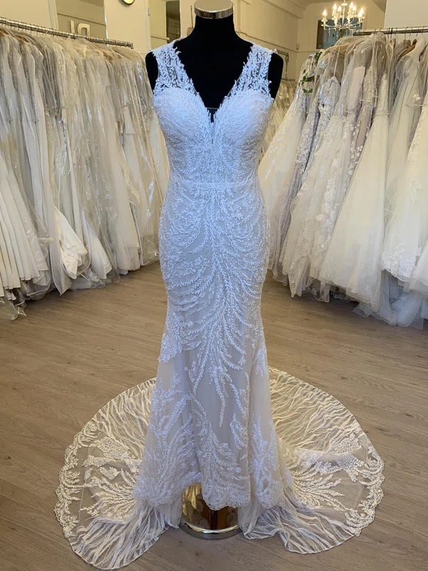 Sheath/Column V-neck Lace Sweep Train Wedding Dress With Appliques Lace #UKM00028335