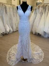 Sheath/Column V-neck Lace Sweep Train Wedding Dress With Appliques Lace #UKM00028335