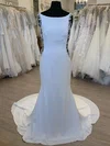 Sheath/Column Scoop Neck Satin Chiffon Sweep Train Wedding Dress With Appliques Lace #UKM00028336