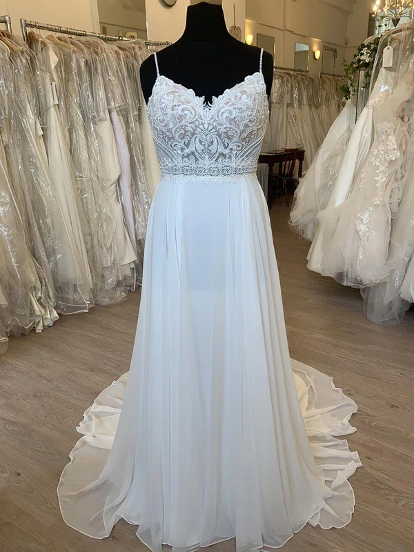 A-line V-neck Chiffon Sweep Train Wedding Dress With Appliques Lace #UKM00028337