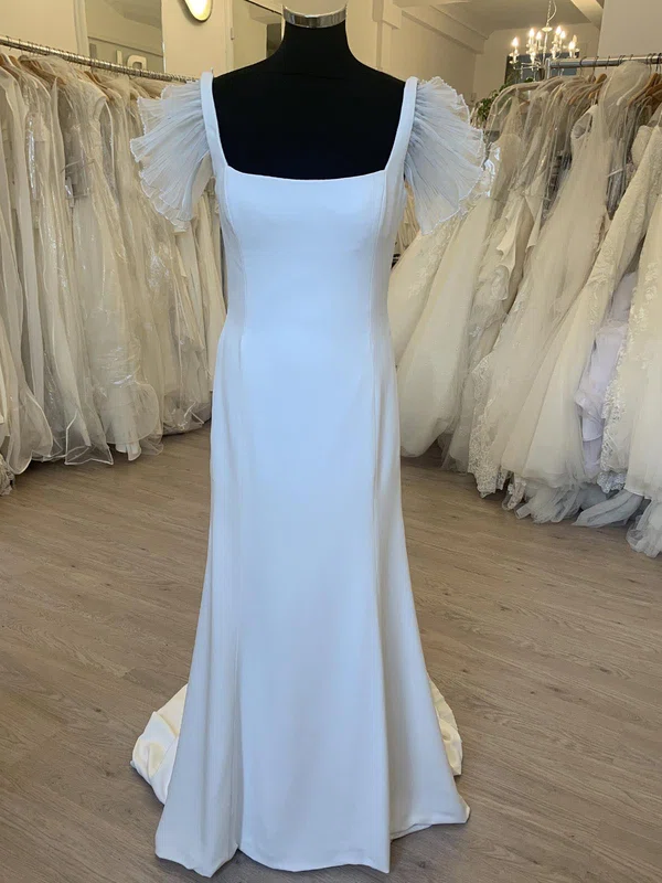Sheath/Column Square Neckline Stretch Crepe Sweep Train Wedding Dress With Ruffles #UKM00028340