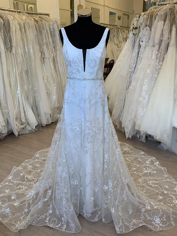 A-line Scoop Neck Tulle Court Train Wedding Dress With Flower(s) #UKM00028342