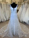 A-line Scoop Neck Tulle Court Train Wedding Dress With Flower(s) #UKM00028342