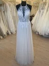 A-line Scoop Neck Tulle Floor-length Wedding Dress With Appliques Lace #UKM00028343