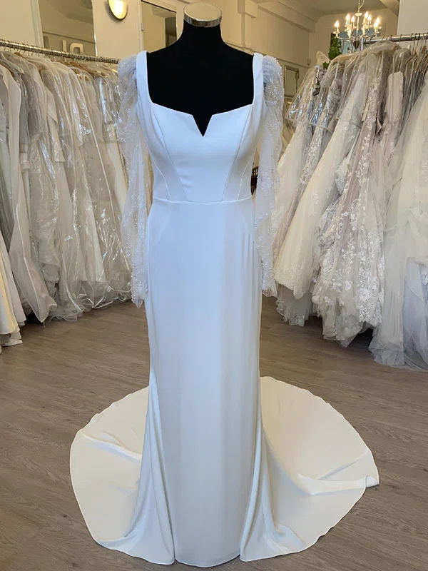 Sheath/Column Square Neckline Satin Chiffon Court Train Wedding Dress With Pearl Detailing #UKM00028344