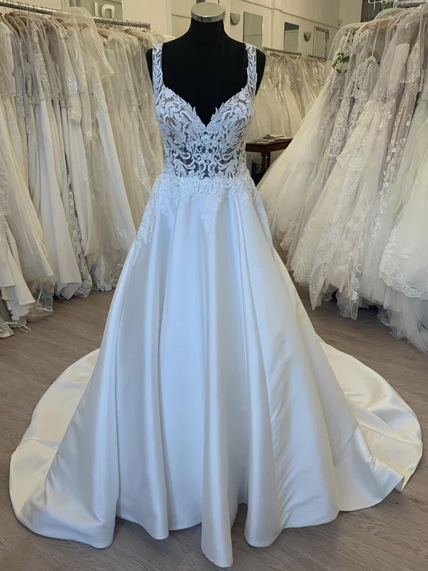 Ball Gown/Princess V-neck Satin Court Train Wedding Dress With Appliques Lace #UKM00028347