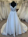Ball Gown/Princess V-neck Satin Court Train Wedding Dress With Appliques Lace #UKM00028347