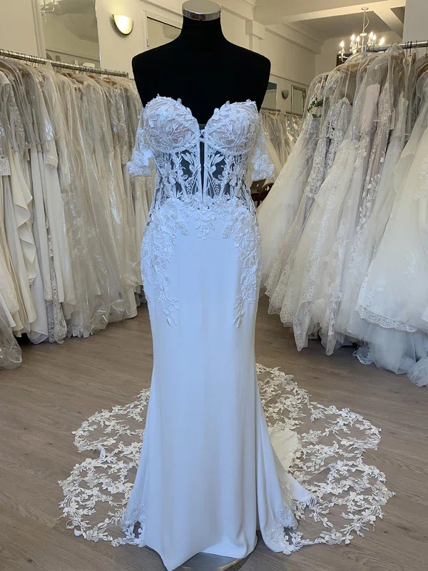 Sheath/Column Off-the-shoulder Stretch Crepe Court Train Wedding Dress With Appliques Lace #UKM00028351