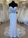 Sheath/Column Off-the-shoulder Stretch Crepe Court Train Wedding Dress With Appliques Lace #UKM00028351