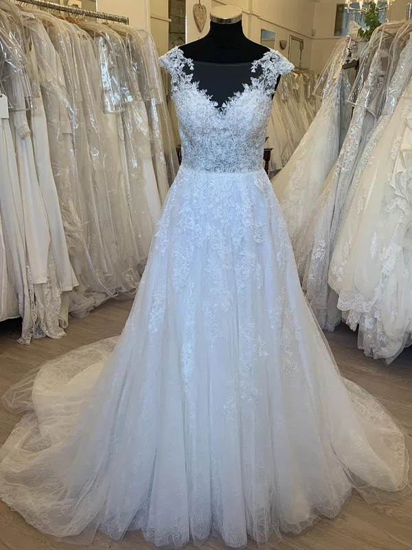 Ball Gown/Princess Illusion Lace Tulle Court Train Wedding Dress With Appliques Lace #UKM00028352