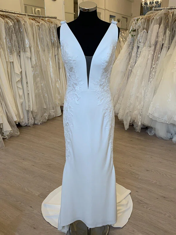 Sheath/Column V-neck Stretch Crepe Sweep Train Wedding Dress With Appliques Lace #UKM00028356