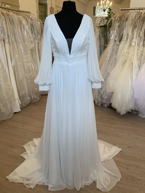 A-line V-neck Chiffon Sweep Train Wedding Dress With Ruched #UKM00028357