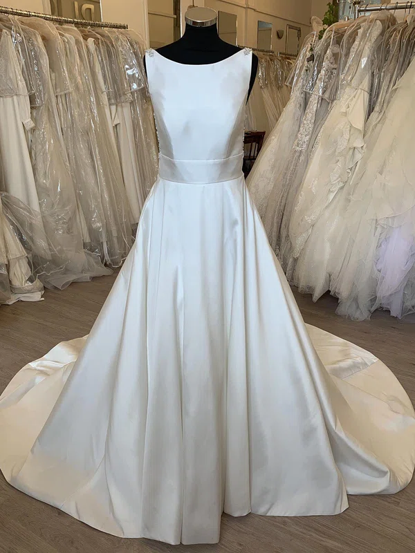 Ball Gown/Princess Scoop Neck Satin Court Train Wedding Dress With Beading #UKM00028358