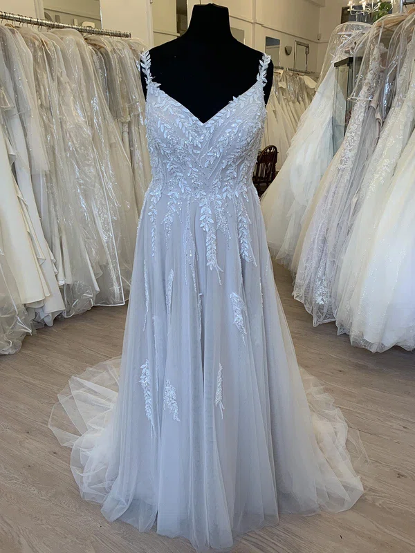 A-line V-neck Tulle Sweep Train Wedding Dress With Appliques Lace #UKM00028359